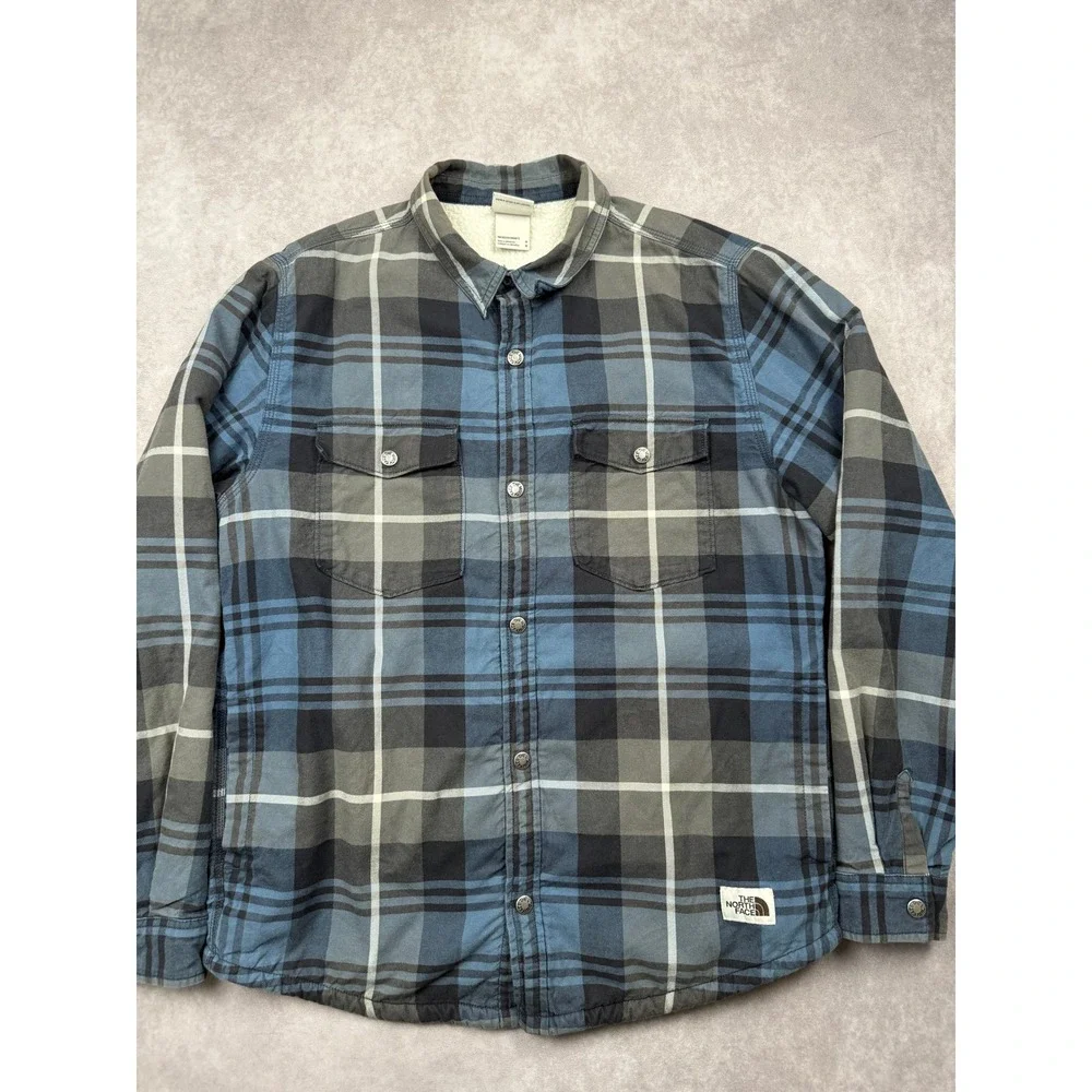 The North Face Mens M Blue Plaid Sherpa Lined Flannel Shirt Jacket Cozy Outdoors